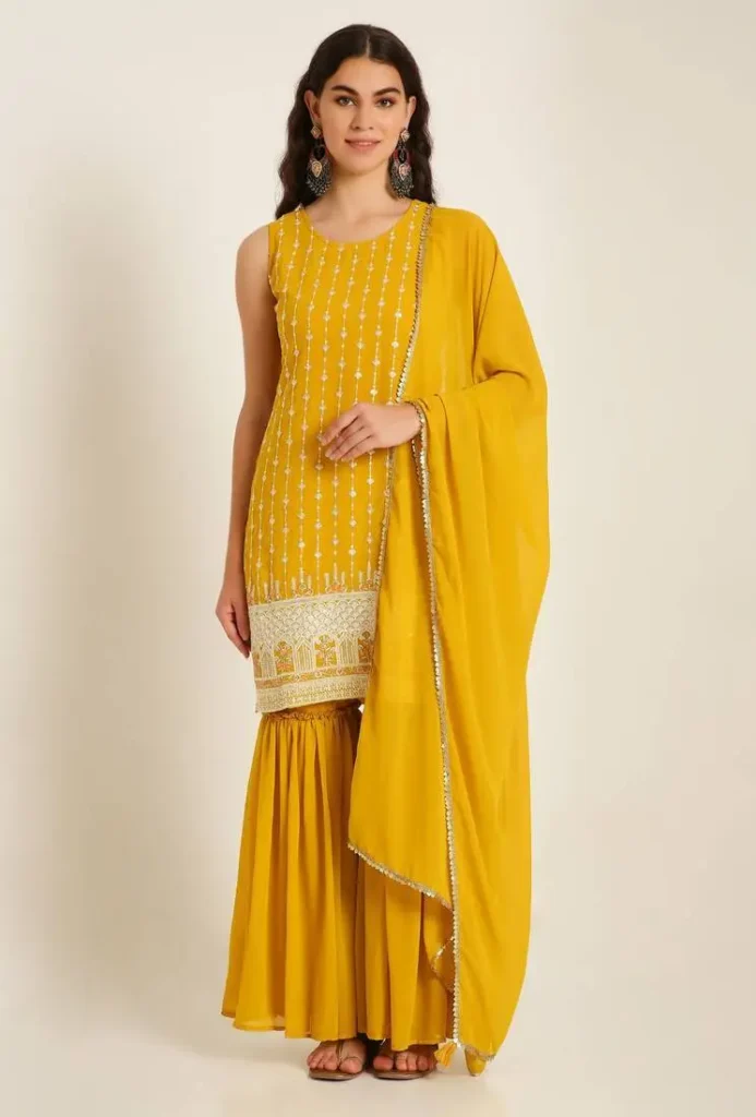 Women wearing sushine color sharara set
