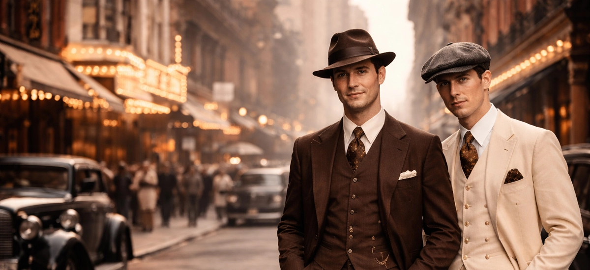 Two stylish men in 1920s mens fashion wearing three-piece suits