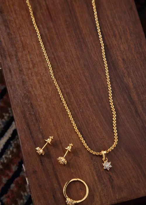 Minimal gold chain necklace with small pendant, stud earrings and ring set, classic new top jewelry for daily wear