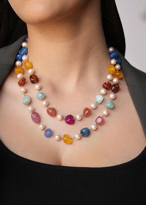 Multicolor gemstone beaded necklace with pearls layered for a vibrant look, fashionable new top jewelry design