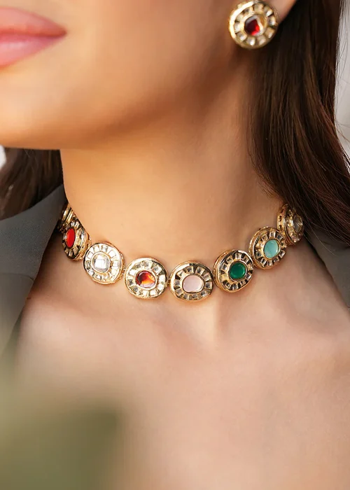 Gold choker necklace with circular multicolor stone settings, statement new top jewelry for contemporary styling
