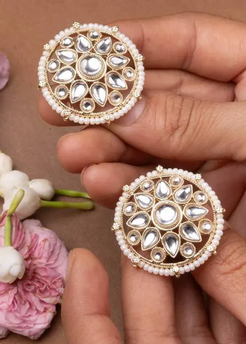 Round kundan statement stud earrings with pearl edging in gold tone, elegant new top jewelry for festive outfits