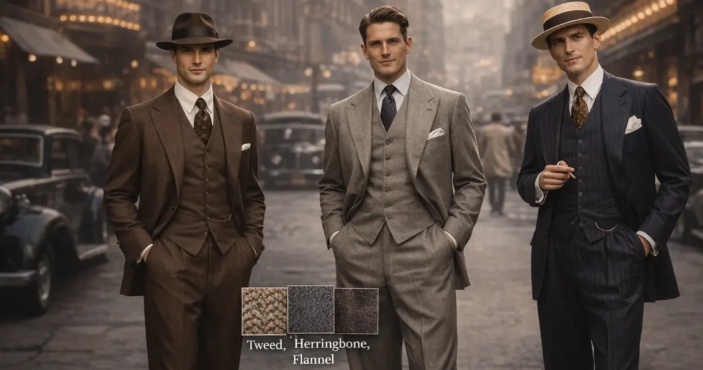 Three men wearing classic 1920s mens fashion suits standing on a vintage city street with classic cars and historic buildings