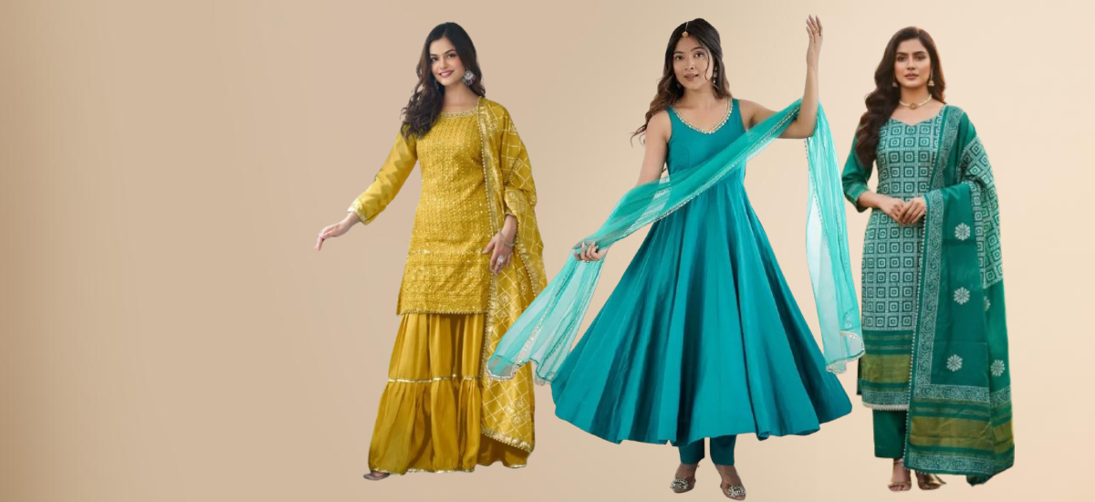 womens wearing Sharara, Salwar kameez, anarkali outfit banner