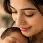 New mom wearing simple diamond nose pin