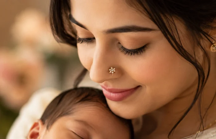 New mom wearing simple diamond nose pin