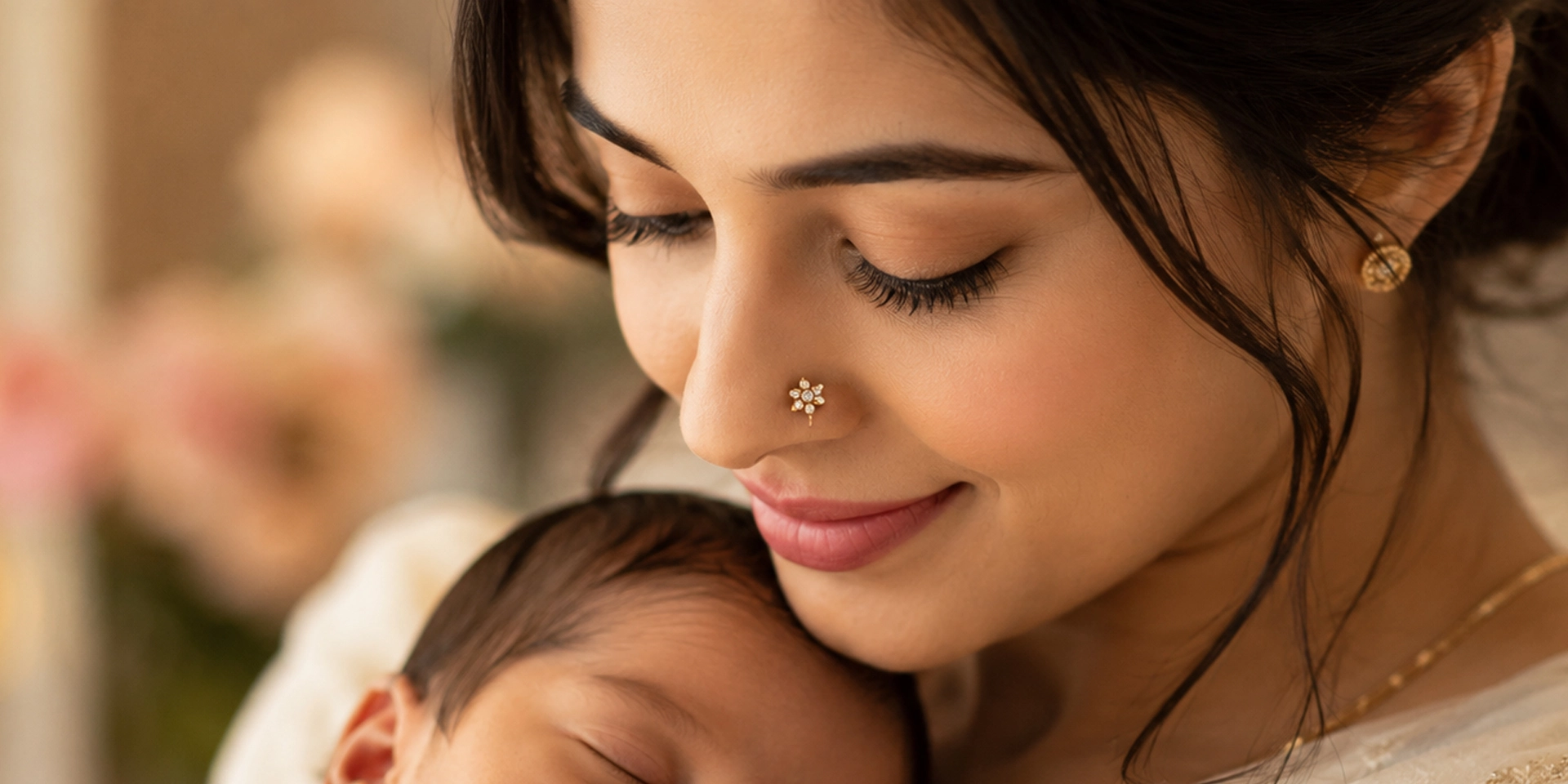 New mom wearing simple diamond nose pin