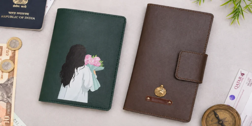 Image contains personalized passport cover designs