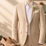 This image contain Wedding Suit Guide for Men -Fabrics, Fits and Colors for Hot Weather