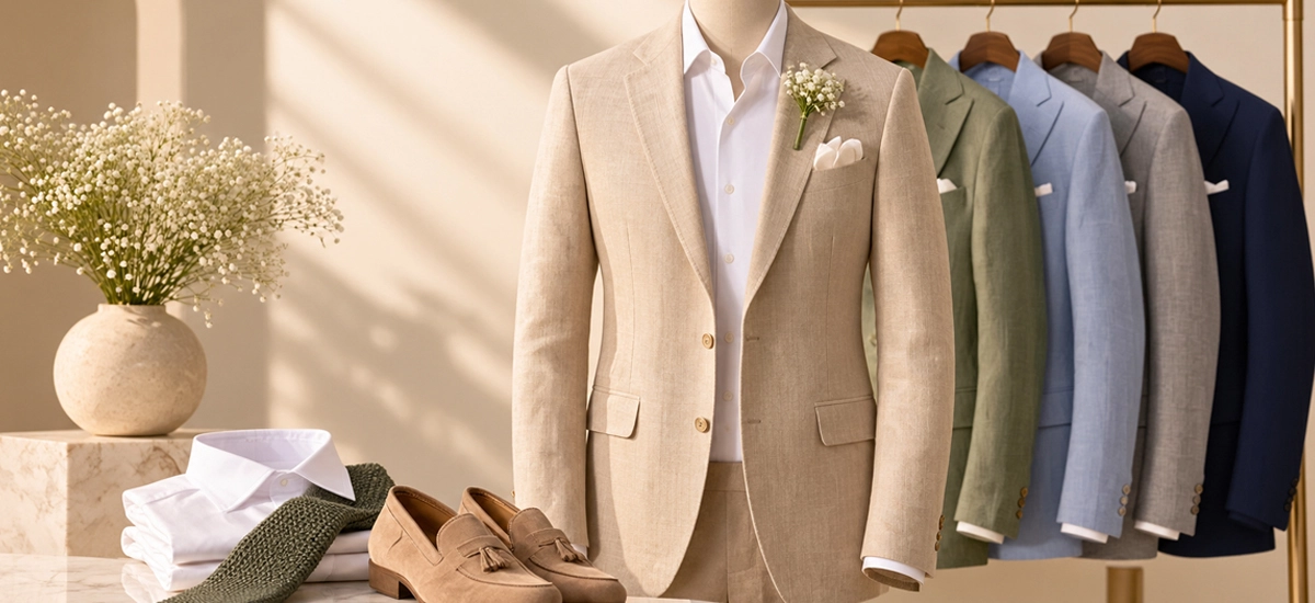 This image contain Wedding Suit Guide for Men -Fabrics, Fits and Colors for Hot Weather